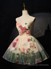 Champagne Tulle Flower Leaf Homecoming Dress